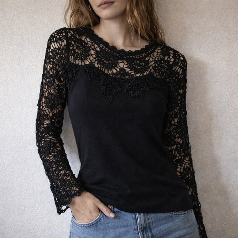 Vintage Basix II Black Lace Beaded‎ Crochet Y2K Goth Fairycore Top Size Small